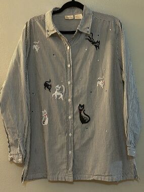 Vintage 90s Bobbie Brooks Striped Cat Embroidered Rhinestone Button Down Shirt L
